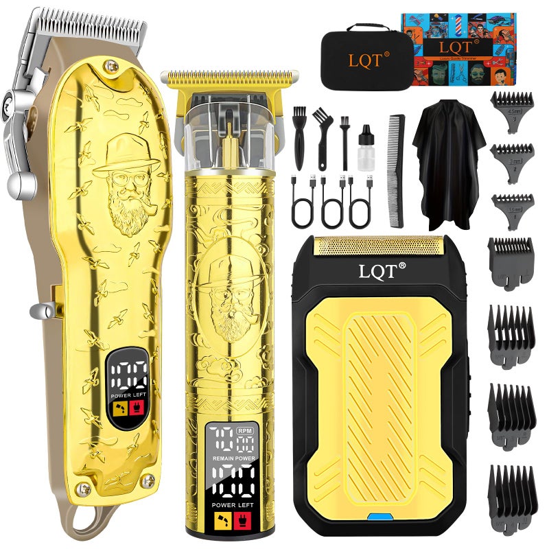 LQT Professional Hair Clipper Set for Men Electric Shaver Razor Cordless Hair Cutting Barber Clippers Beard Trimmer Mens Grooming Kit Gifts for him Gold